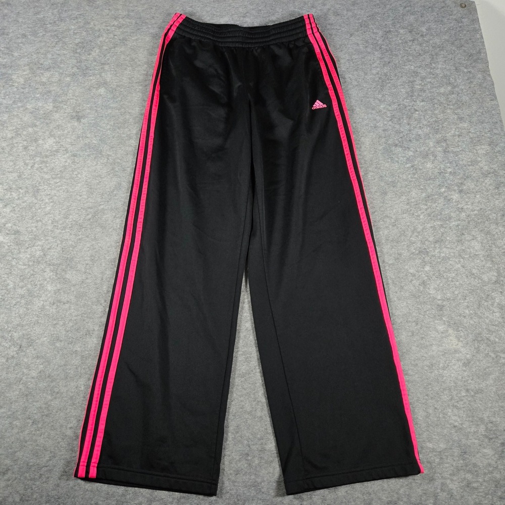 Y2K Adidas Womens Black Pink Three Stripe Wide Leg Track Pants Medium